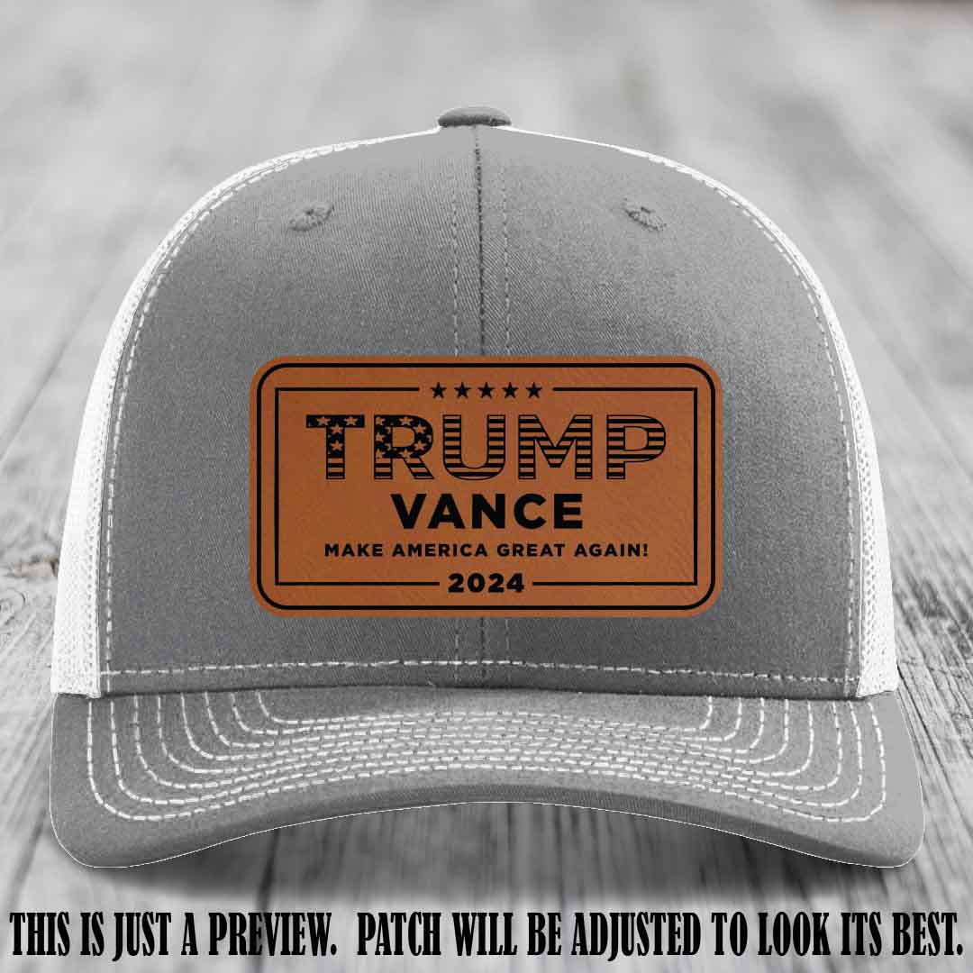 TRUMP VANCE 2024 patch on Rawhide to Black Patch shown on Heather Grey to White Hat Richardson 112 hat