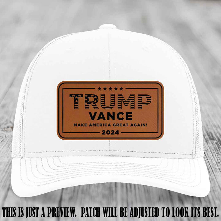 TRUMP VANCE 2024 patch on Rawhide to Black Patch shown on White Hat Richardson 112 hat
