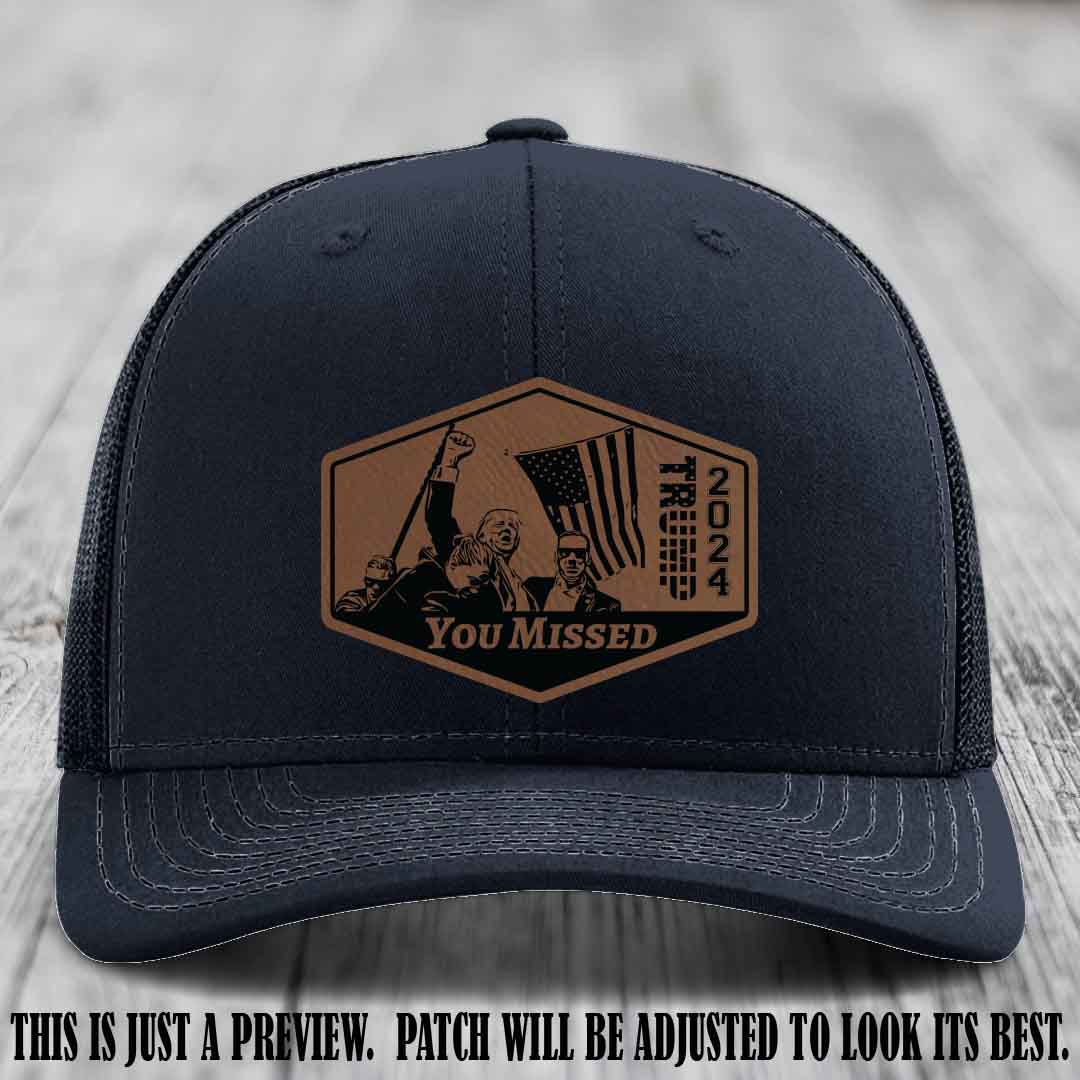You Missed leather patch on Navy Hat with Dark Brown to Black Patch