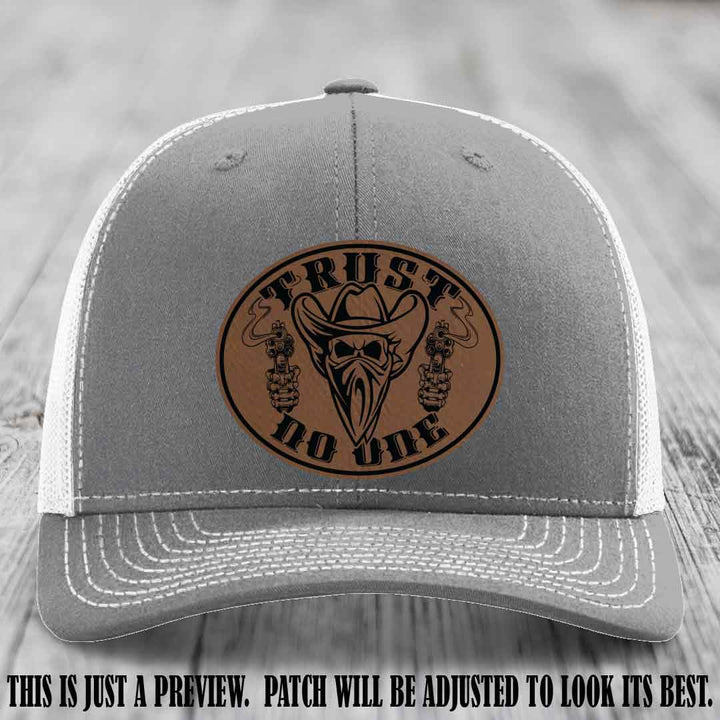 Trust No One leather patch on Heather Grey to White Hat with Dark Brown to Black Patch