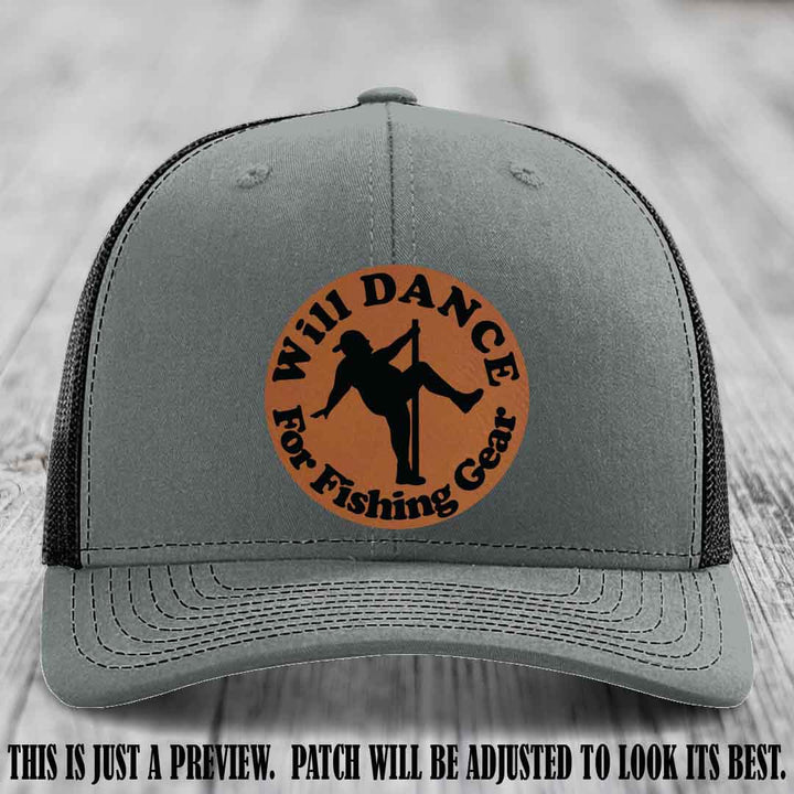 Will Dance for Fishing Gear π£ Rawhide to Black Patch Leather Patch Hat on a Heather Grey to Black Hat - Funny custom leather patch hat featuring pole dancing fisherman design