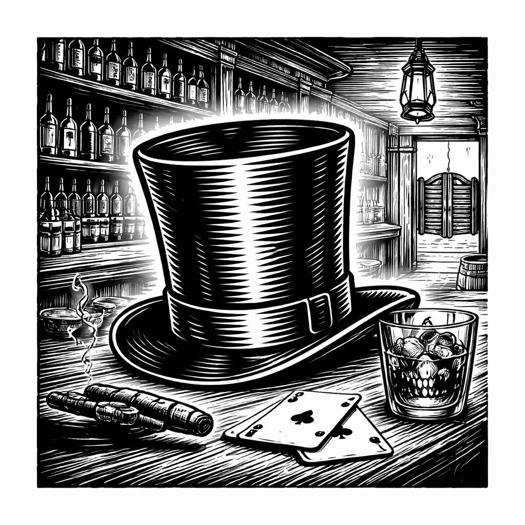 Black-and-white illustration of a top hat on a bar counter with cards, cigars, and a drink.