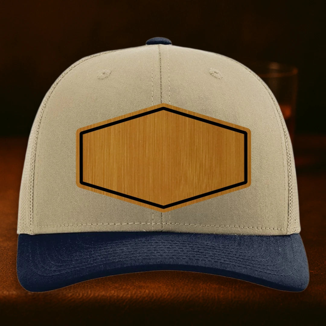 Upload Your Logo Custom Leather Patch Hat - Richardson 112 Khaki To Navy Combo