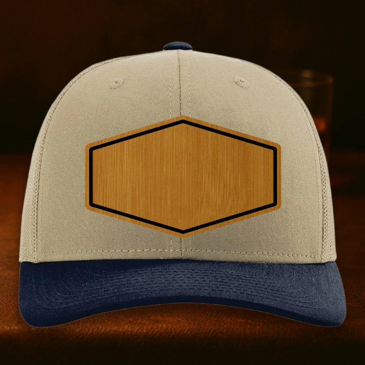Upload Your Logo Custom Leather Patch Hat - Richardson 112 Khaki To Navy Combo