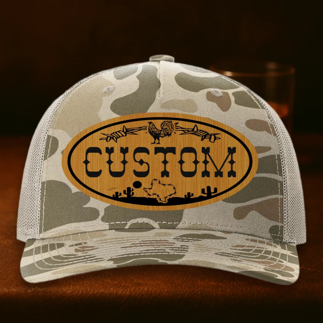 Lonestar Rooster Personalized Leather Patch Hat - Richardson 112PFP Harvest Duck Camo To Light Tan