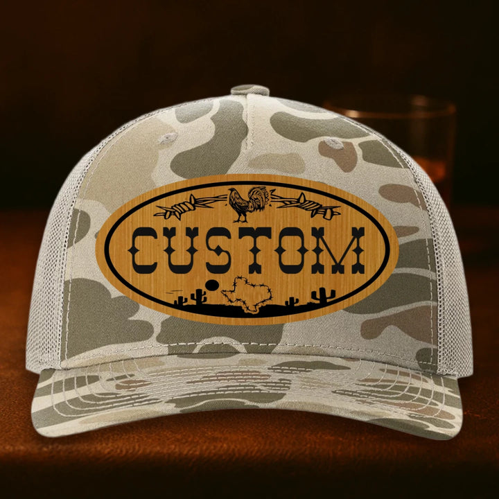 Lonestar Rooster Personalized Leather Patch Hat - Richardson 112PFP Harvest Duck Camo To Light Tan