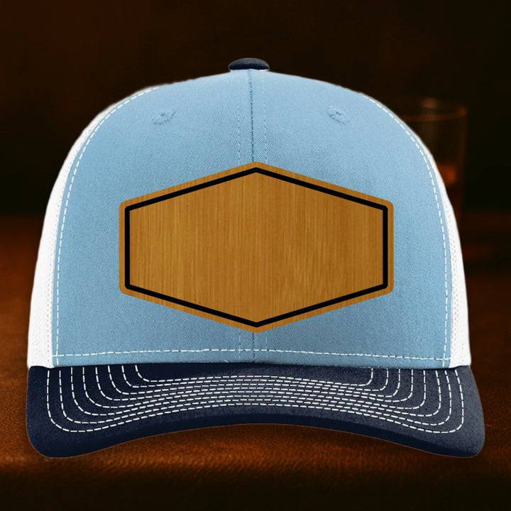 Upload Your Logo Custom Leather Patch Hat - Richardson 112 Columbia Blue To White To Navy