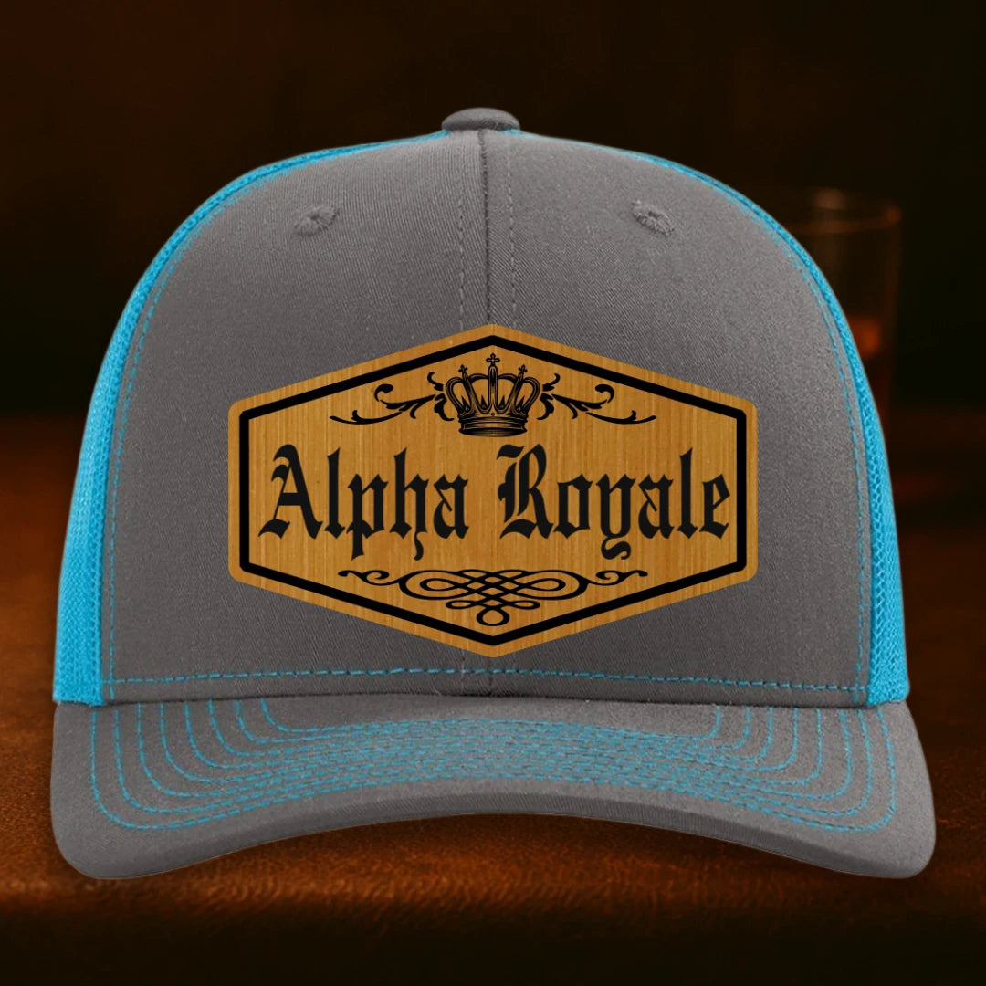 Alpha Royale Personalized Leather Patch Hat - Richardson 112 Charcoal To Neon Blue
