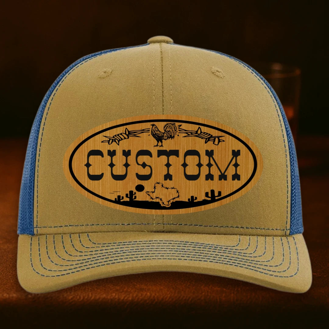 Lonestar Rooster Personalized Leather Patch Hat - Richardson 112 Biscuit To True Blue