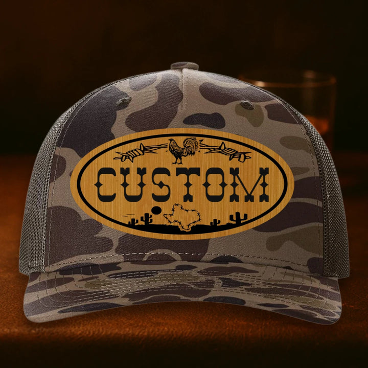 Lonestar Rooster Personalized Leather Patch Hat - Richardson 112PFP Bark Duck Camo To Brown