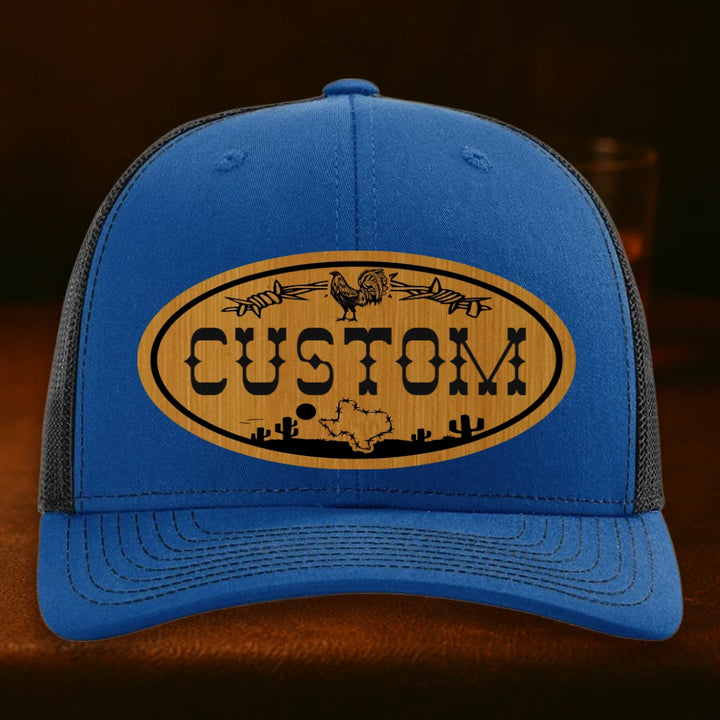 Lonestar Rooster Personalized Leather Patch Hat - Richardson 112 Royal To Black