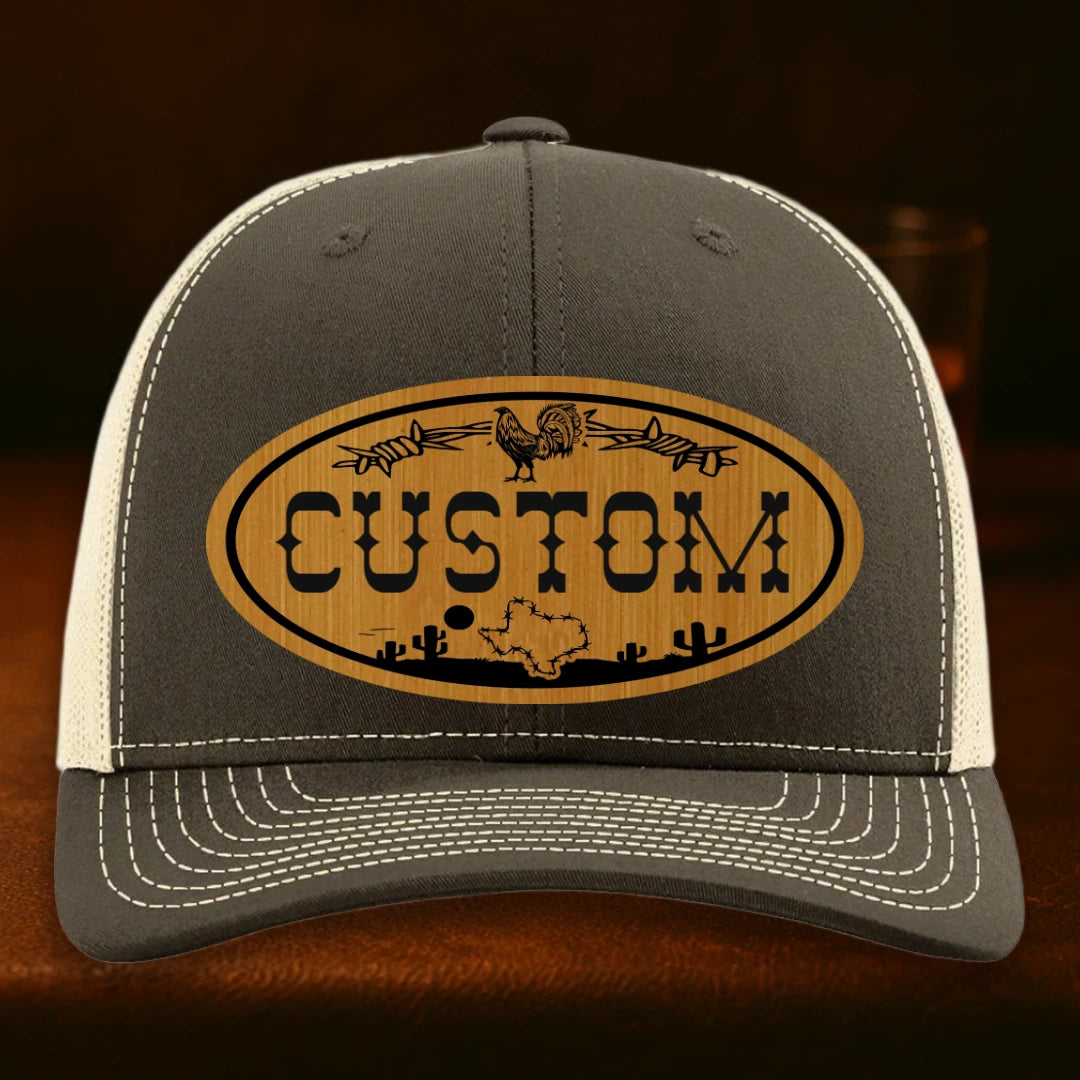 Lonestar Rooster Personalized Leather Patch Hat - Richardson 112 Chocolate Chip To Birch