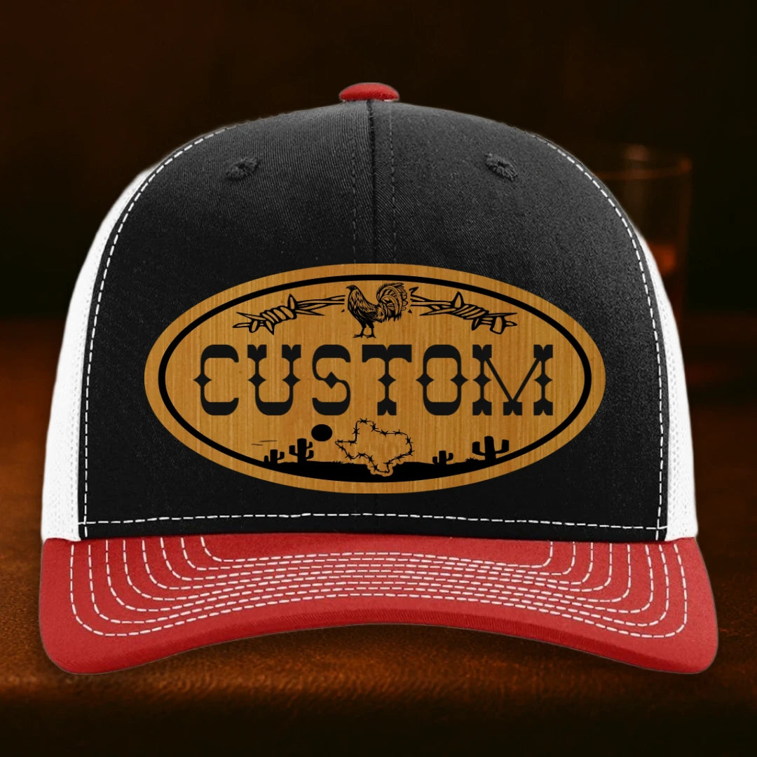 Lonestar Rooster Personalized Leather Patch Hat - Richardson 112 Black To White To Red