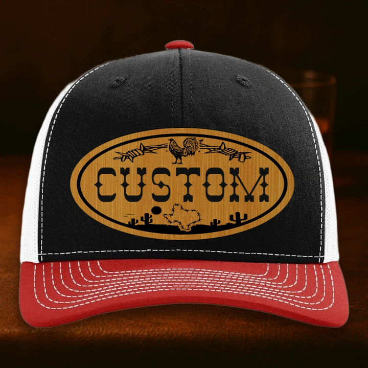 Lonestar Rooster Personalized Leather Patch Hat - Richardson 112 Black To White To Red