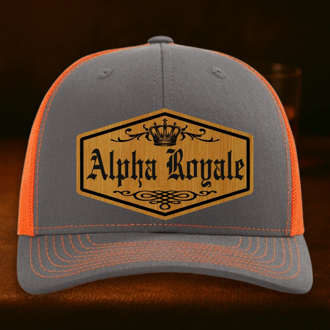 Alpha Royale Personalized Leather Patch Hat - Richardson 112 Charcoal To Neon Orange