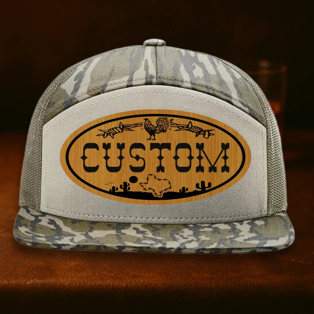 Lonestar Rooster Personalized Leather Patch Hat - Richardson 168P Mossy Oak Bottomland To Loden