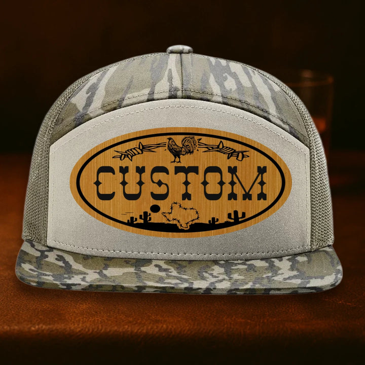 Lonestar Rooster Personalized Leather Patch Hat - Richardson 168P Mossy Oak Bottomland To Loden