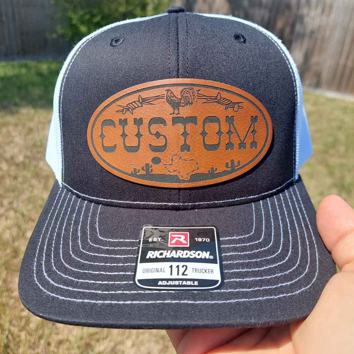 Lone Star Rooster Custom Name Leather Patch Hat - Richardson 112