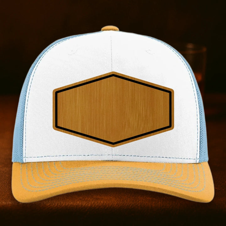 Upload Your Logo Custom Leather Patch Hat - Richardson 112 White To Columbia Blue To Yellow