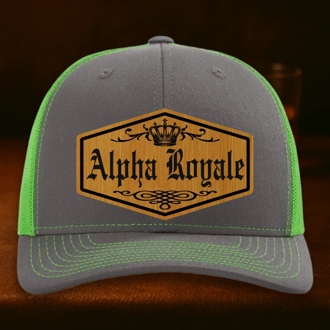 Alpha Royale Personalized Leather Patch Hat - Richardson 112 Charcoal To Neon Green