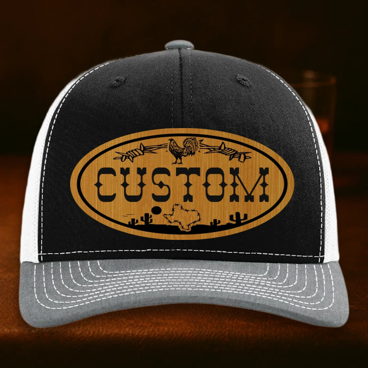 Lonestar Rooster Personalized Leather Patch Hat - Richardson 112 Black To White To Heather Grey