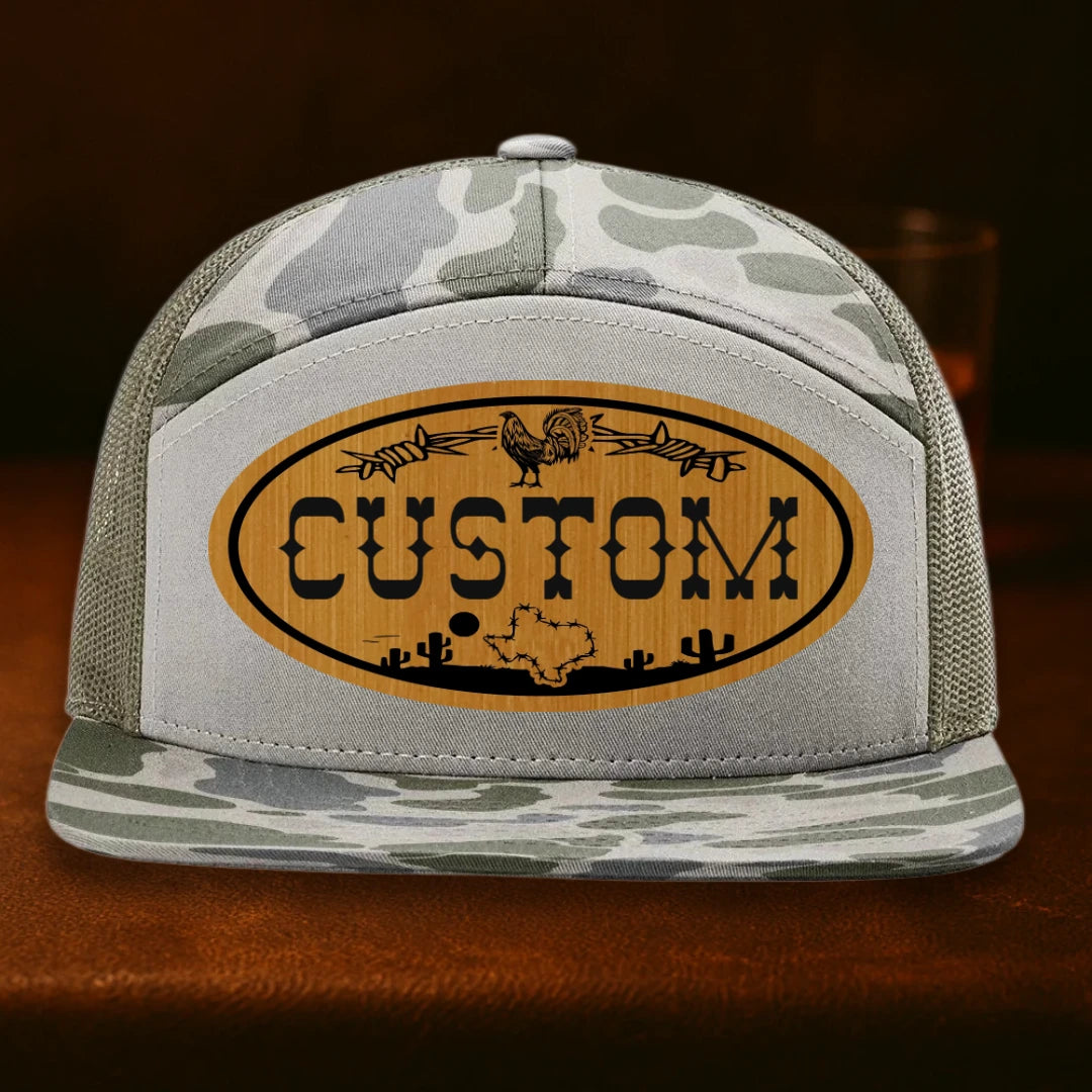 Lonestar Rooster Personalized Leather Patch Hat - Richardson 168P Marsh Duck Camo To Loden