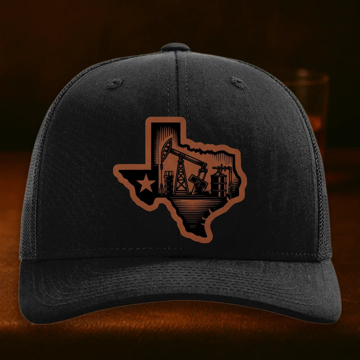 Texas Oilfield Leather Patch Hat - Richardson 112 Black hat, Rawhide To Black Leatherette patch