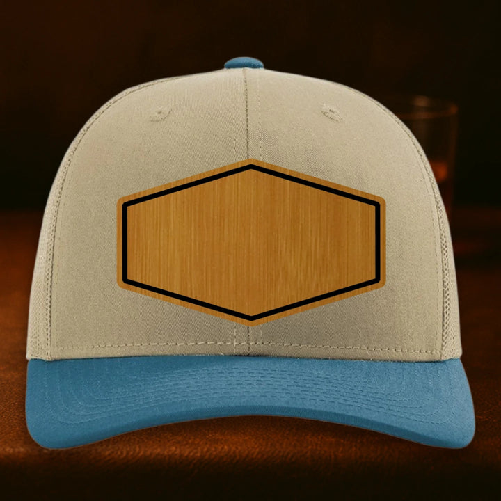 Upload Your Logo Custom Leather Patch Hat - Richardson 112 Khaki To Legion Blue Combo