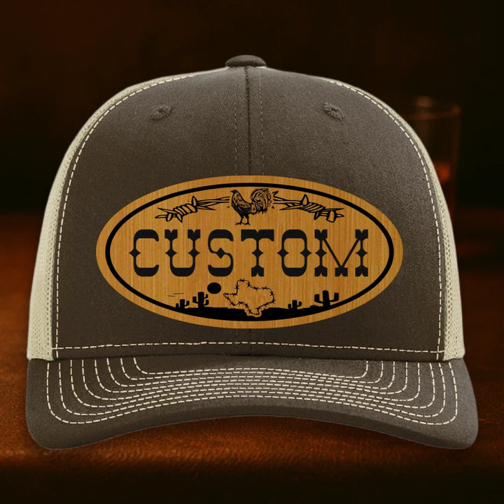 Lonestar Rooster Personalized Leather Patch Hat - Richardson 112 Brown To Khaki