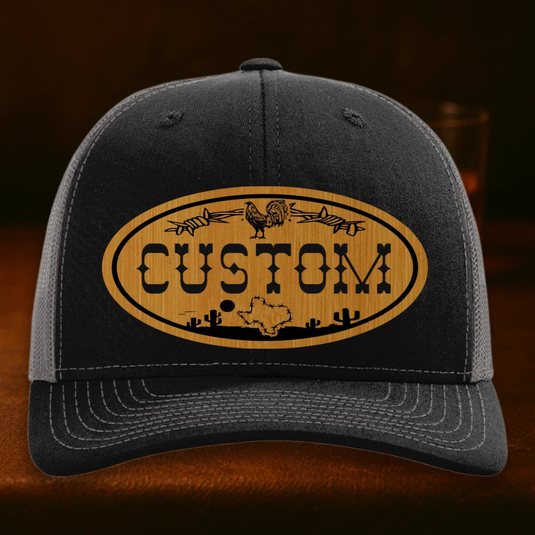 Lonestar Rooster Personalized Leather Patch Hat - Richardson 112 Black To Charcoal