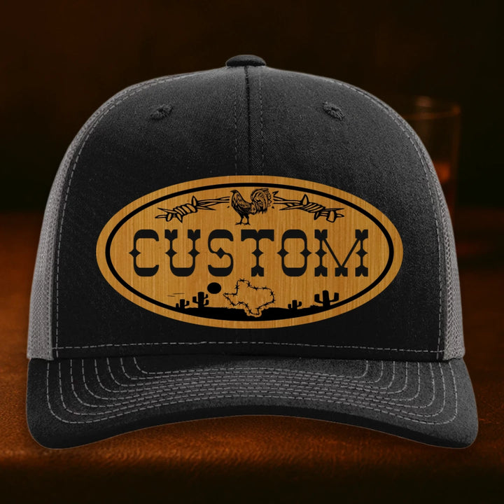 Lonestar Rooster Personalized Leather Patch Hat - Richardson 112 Black To Charcoal