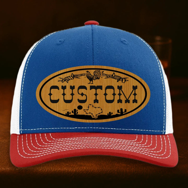 Lonestar Rooster Personalized Leather Patch Hat - Richardson 112 Royal To White To Red