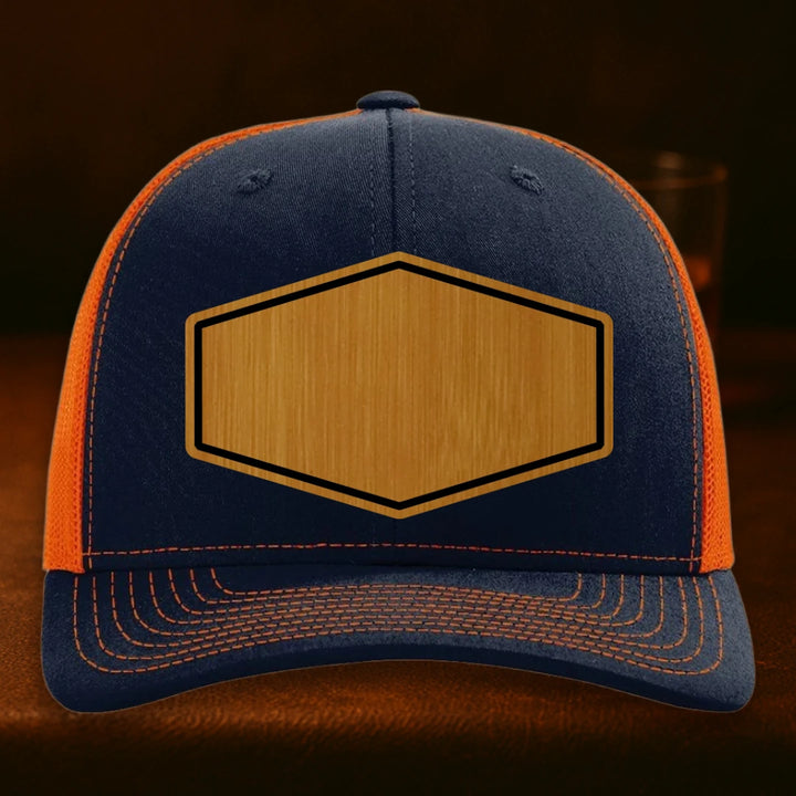 Upload Your Logo Custom Leather Patch Hat - Richardson 112 Navy To Orange