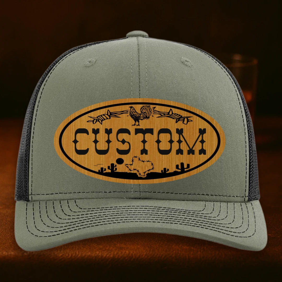 Lonestar Rooster Personalized Leather Patch Hat - Richardson 112 Loden To Black