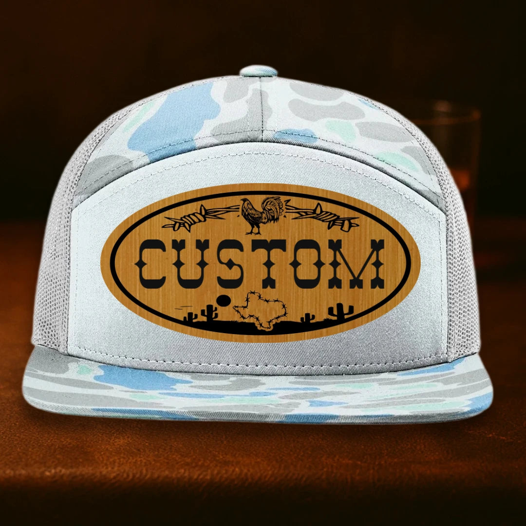 Lonestar Rooster Personalized Leather Patch Hat - Richardson 168P Saltwater Duck Camo To Ice Grey