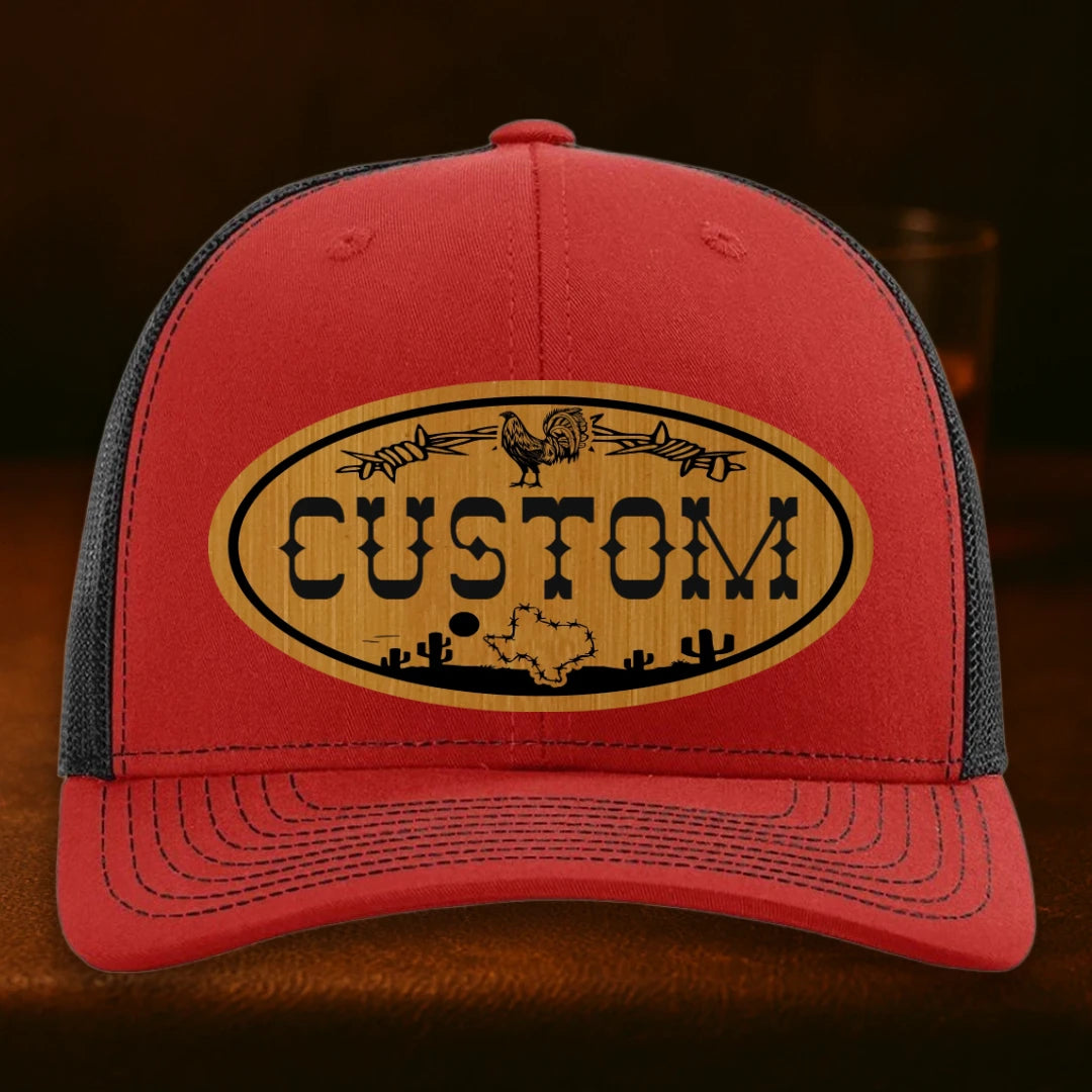 Lonestar Rooster Personalized Leather Patch Hat - Richardson 112 Red To Black