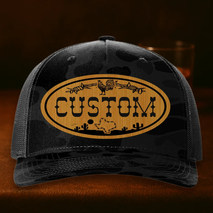 Lonestar Rooster Personalized Leather Patch Hat - Richardson 112PFP Sable Duck Camo To Black