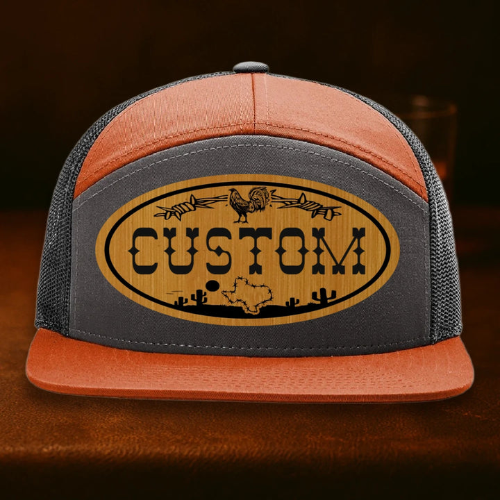 Lonestar Rooster Personalized Leather Patch Hat - Richardson 168 Charcoal To Burnt Orange To Black