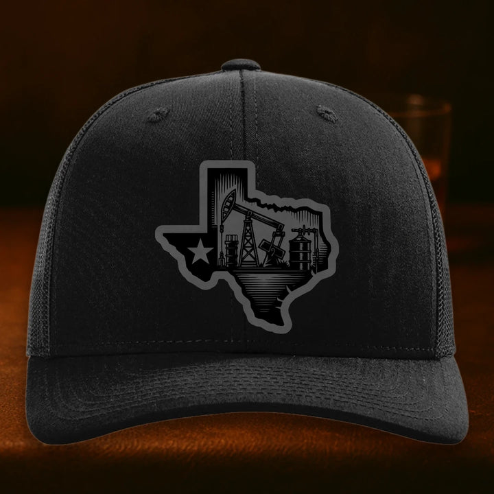 Texas Oilfield Leather Patch Hat - Richardson 112 Black hat, Grey To Black Leatherette patch