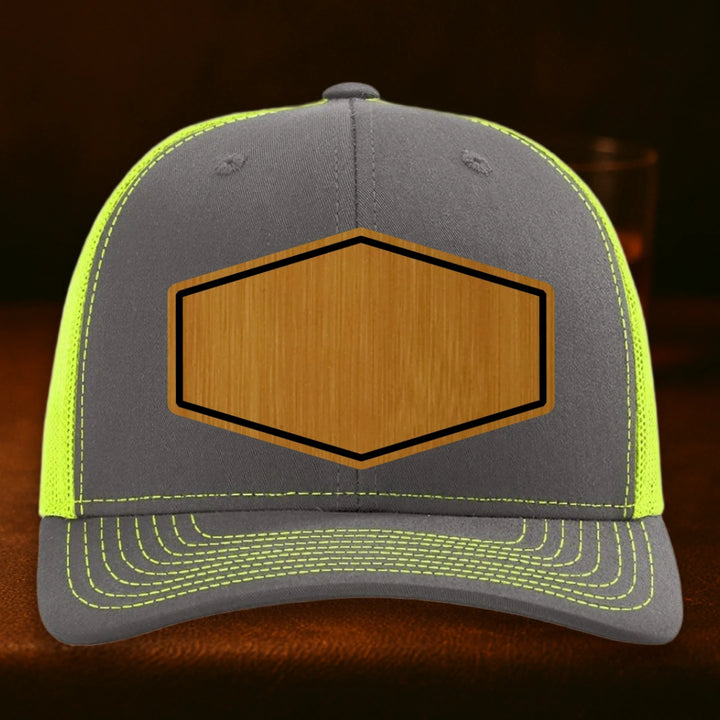 Upload Your Logo Custom Leather Patch Hat - Richardson 112 Charcoal To Neon Yellow
