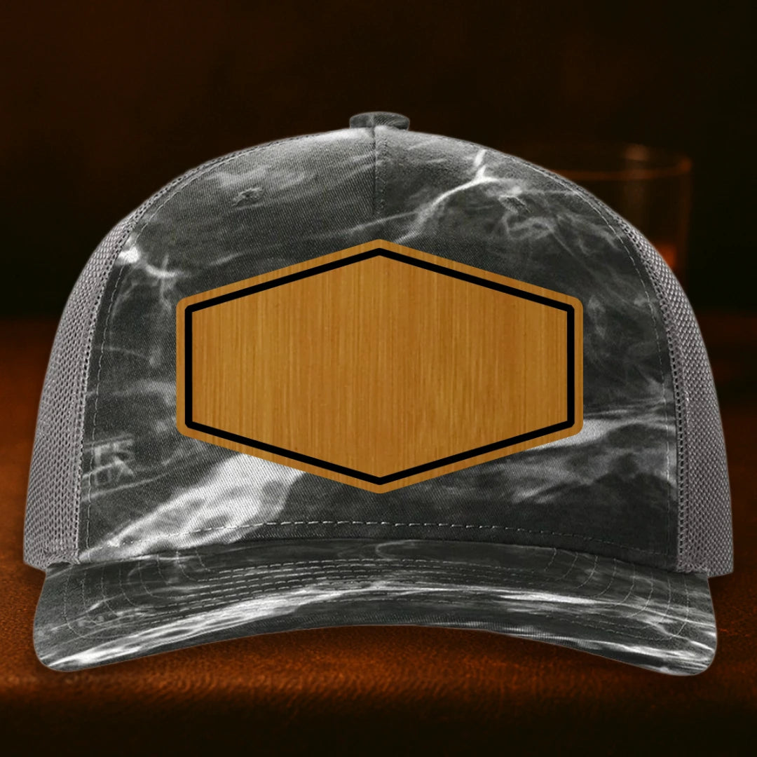 Upload Your Logo Custom Leather Patch Hat - Richardson 112PFP Mossy Oak Elements Blacktip To Charcoal