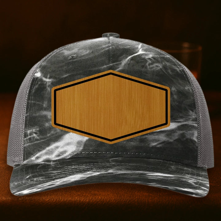 Upload Your Logo Custom Leather Patch Hat - Richardson 112PFP Mossy Oak Elements Blacktip To Charcoal