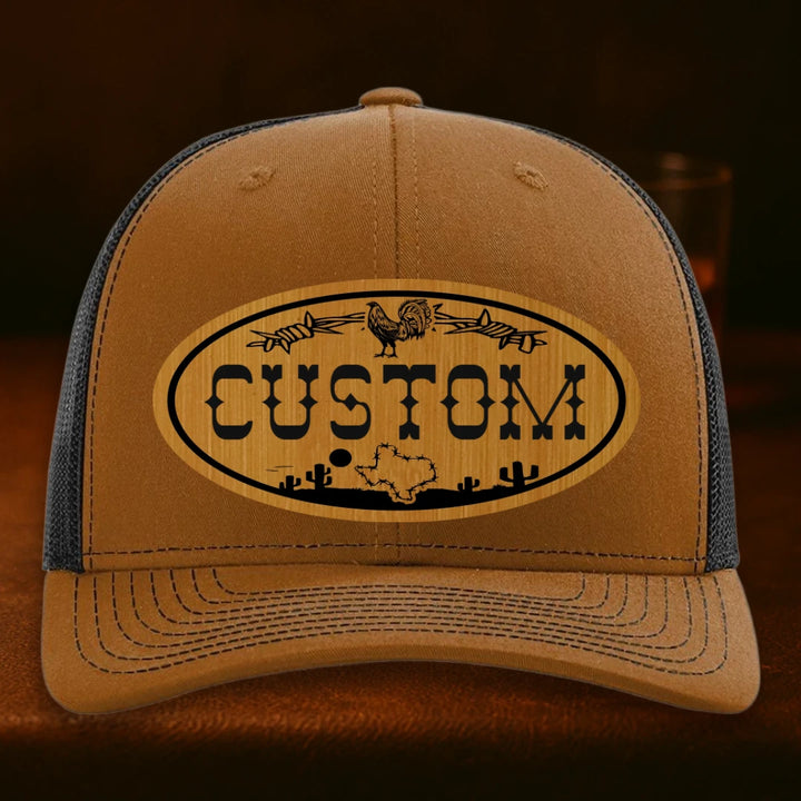 Lonestar Rooster Personalized Leather Patch Hat - Richardson 112 Caramel To Black