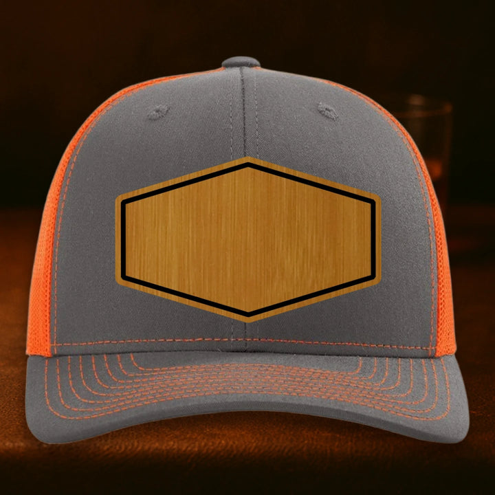 Upload Your Logo Custom Leather Patch Hat - Richardson 112 Charcoal To Neon Orange