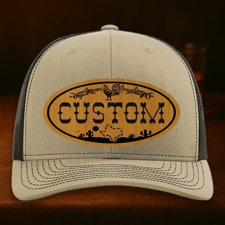 Lonestar Rooster Personalized Leather Patch Hat - Richardson 112 Khaki To Coffee