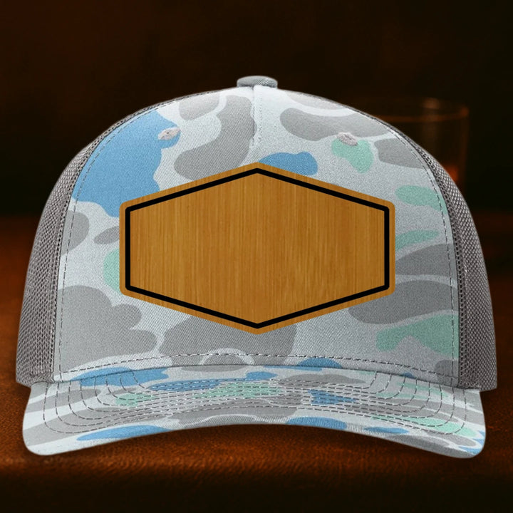 Upload Your Logo Custom Leather Patch Hat - Richardson 112PFP Saltwater Duck Camo To Charcoal