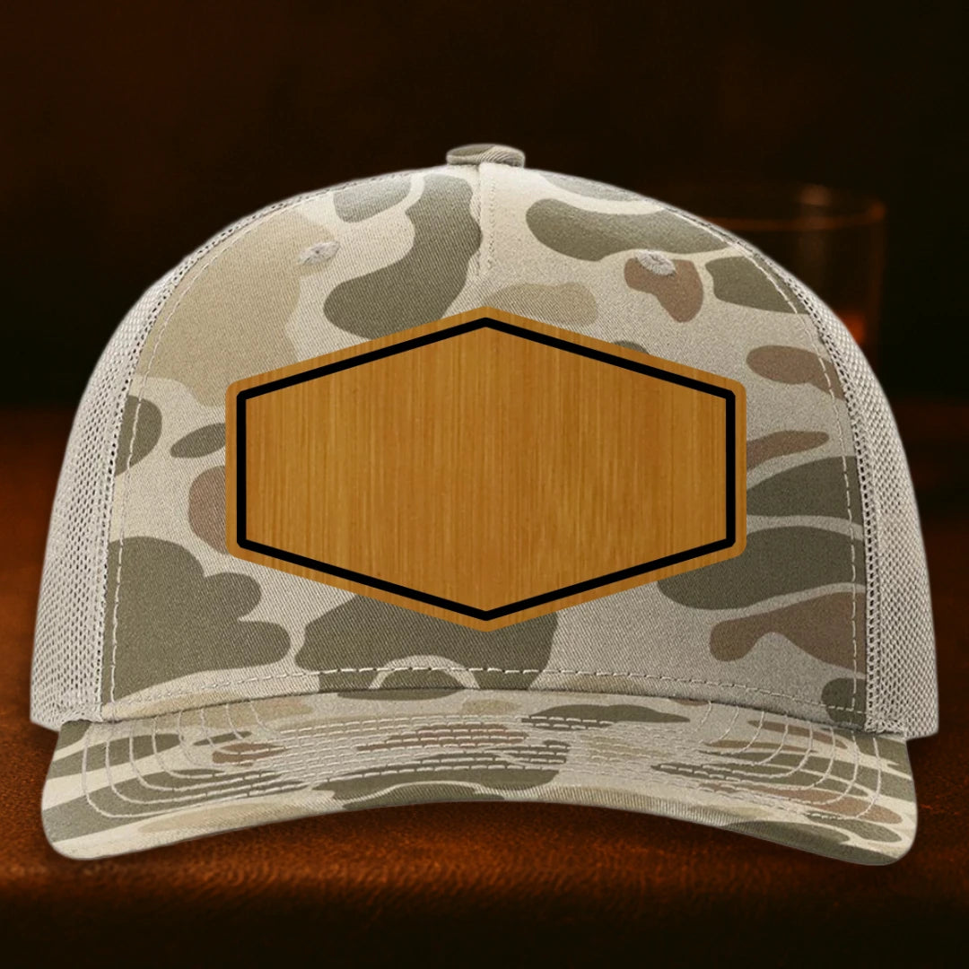 Upload Your Logo Custom Leather Patch Hat - Richardson 112PFP Harvest Duck Camo To Light Tan