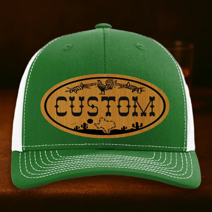 Lonestar Rooster Personalized Leather Patch Hat - Richardson 112 Kelly To White
