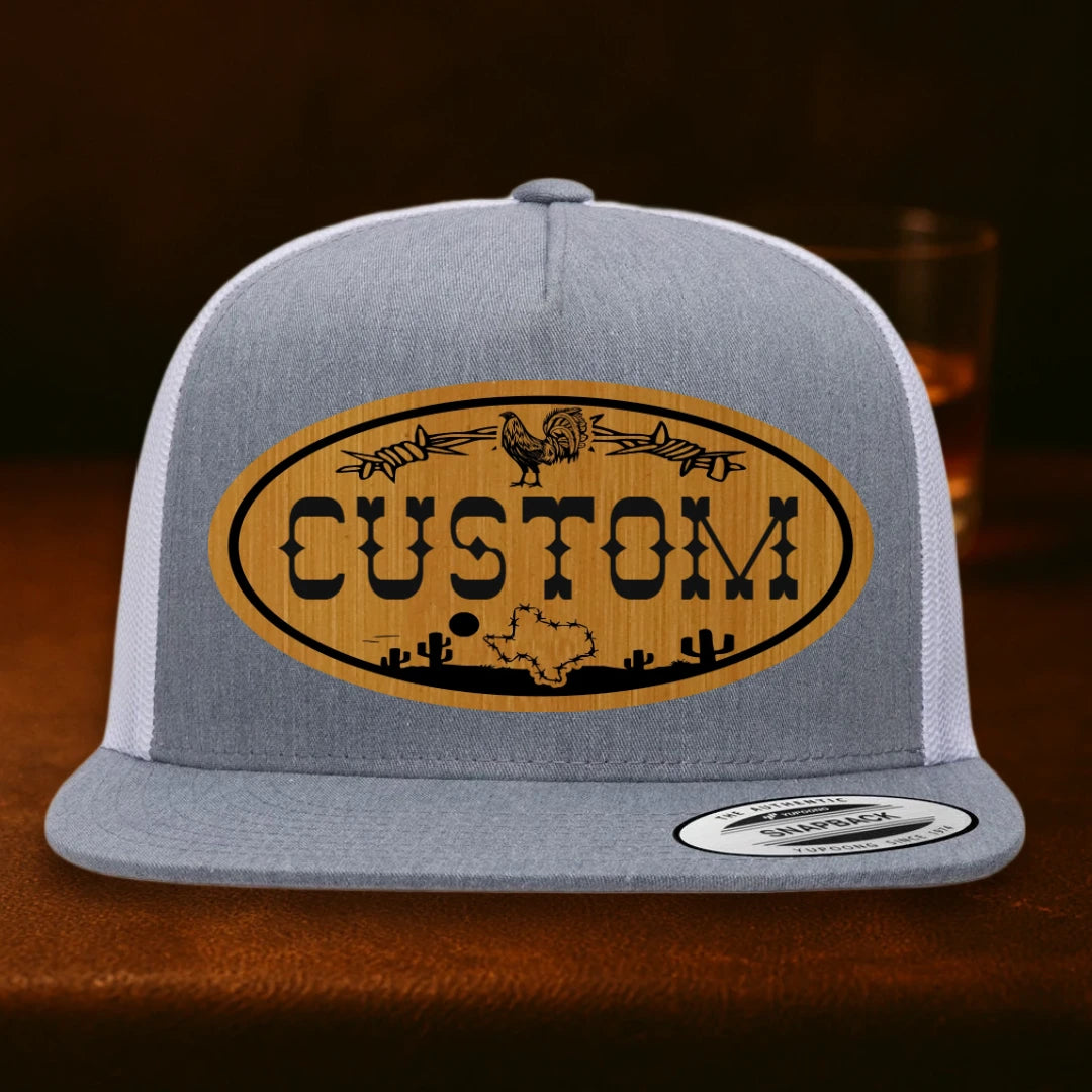 Lonestar Rooster Personalized Leather Patch Hat - Yupoong 6006 Heather Grey To White