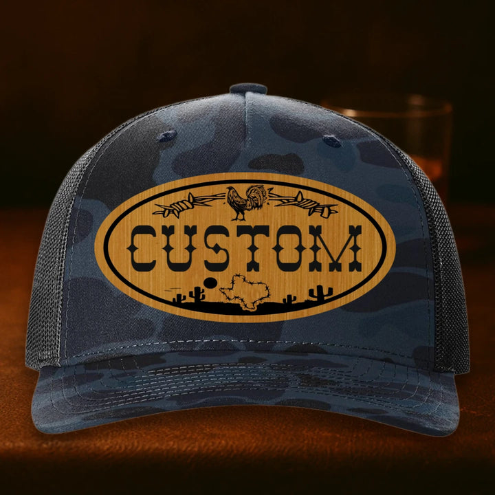 Lonestar Rooster Personalized Leather Patch Hat - Richardson 112PFP Admiral Duck Camo To Black
